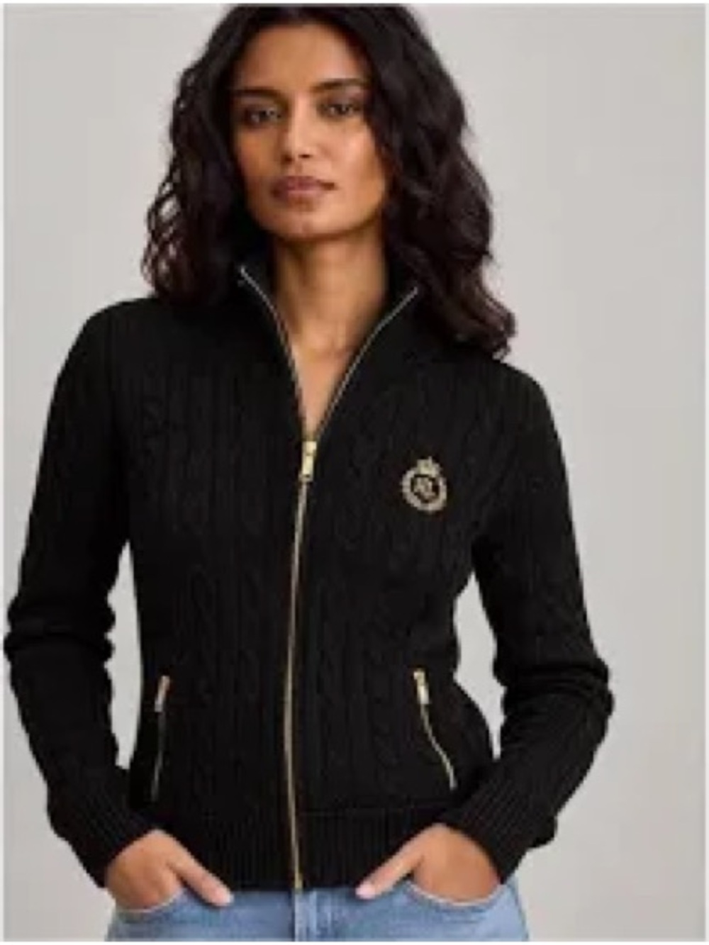 Ralph Lauren Black Cable-Knit Zip Sweater with Gold Crest